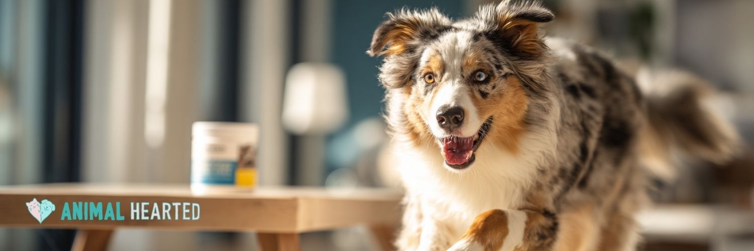 Dog standing next to chews