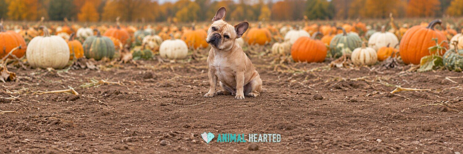 A fawn French Bulldog sits on bare soil with its head tilted, in a pumpkin patch of orange, white and green pumpkins with autumn trees behind