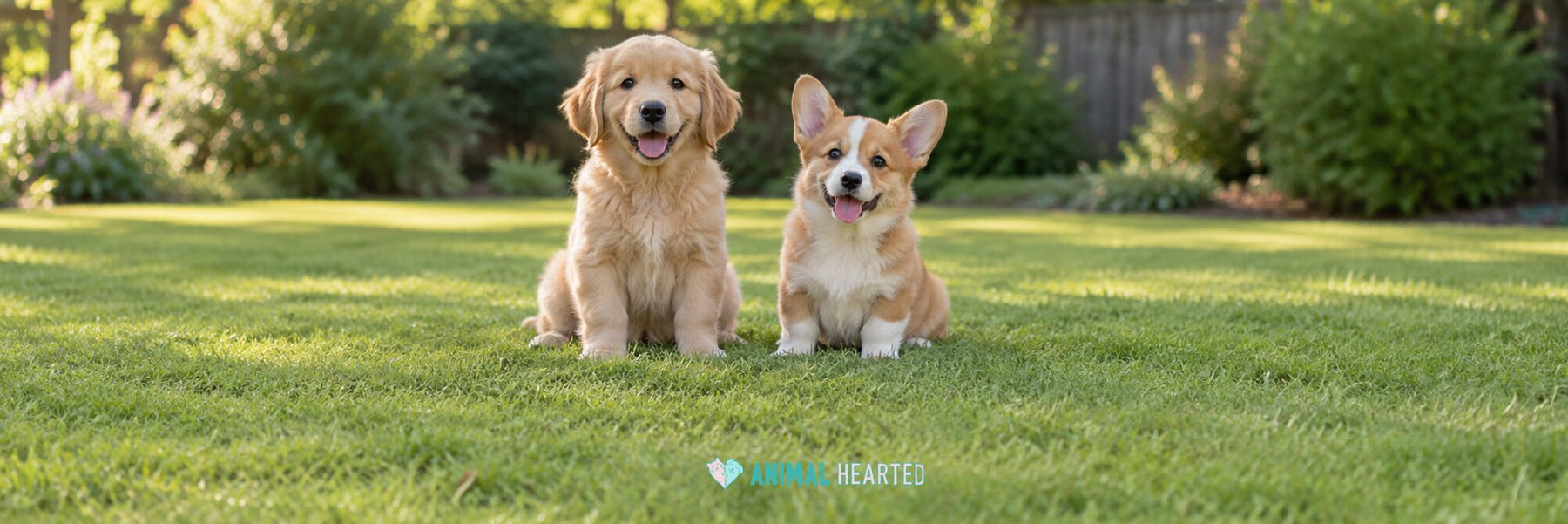 A Golden Retriever puppy and a Pembroke Welsh Corgi puppy sitting side by side on a lawn