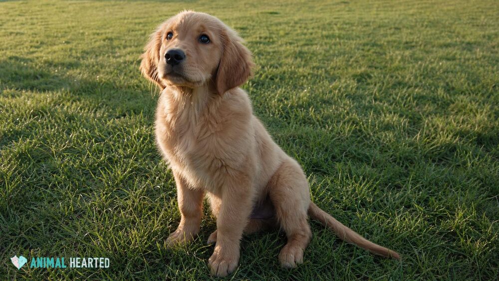 Attentive golden retriever puppy sitting on green grass in a sunny park, looking up