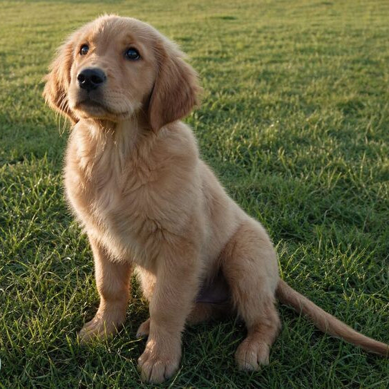Attentive golden retriever puppy sitting on green grass in a sunny park, looking up