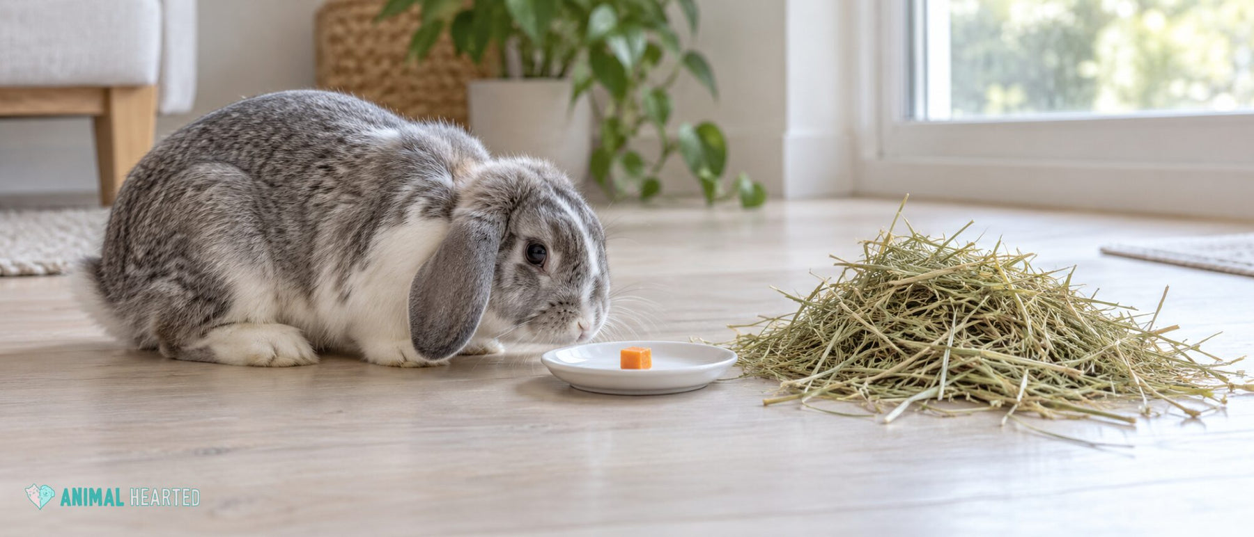 A gray and white lop-eared rabbit on a wooden floor sniffing a small white saucer that holds one small cube of carrot, with a loose pile of hay beside it