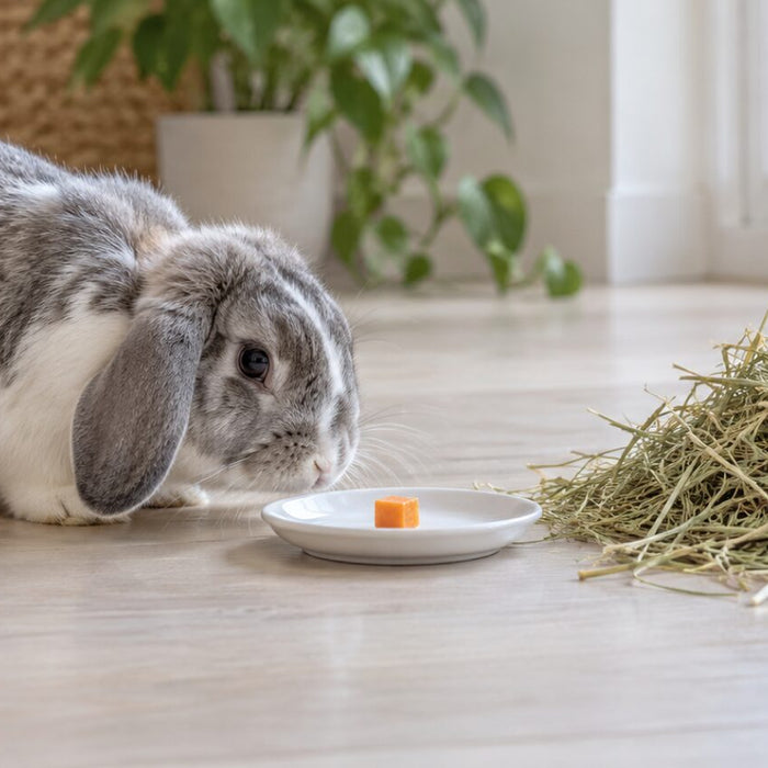 A gray and white lop-eared rabbit on a wooden floor sniffing a small white saucer that holds one small cube of carrot, with a loose pile of hay beside it