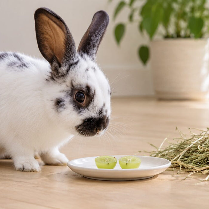 A white and gray rabbit sitting beside a small saucer holding one grape cut in half, with a mound of hay beside it
