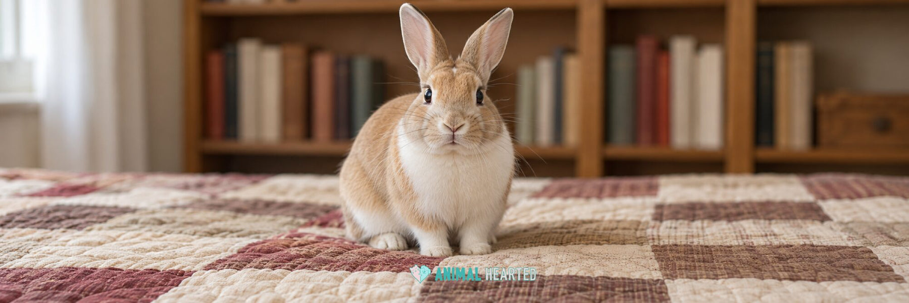 A tan and white rabbit sitting upright on a red and cream patchwork quilt in front of a bookshelf