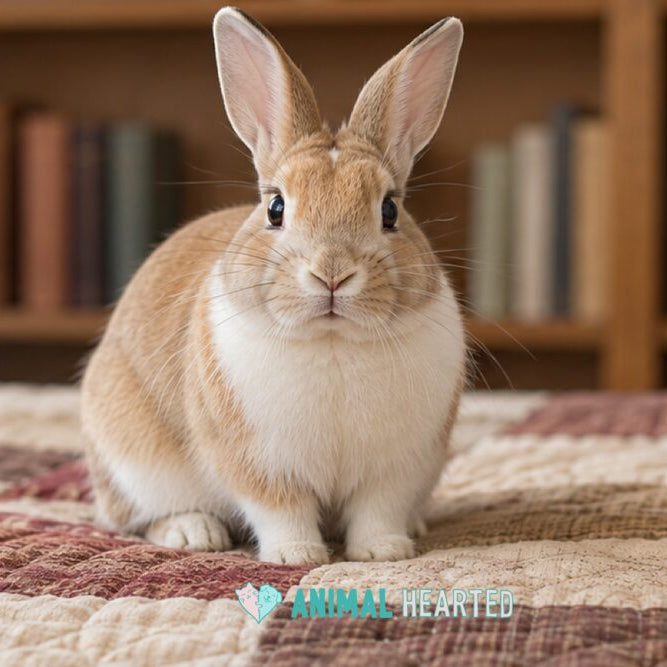 A tan and white rabbit sitting upright on a red and cream patchwork quilt in front of a bookshelf