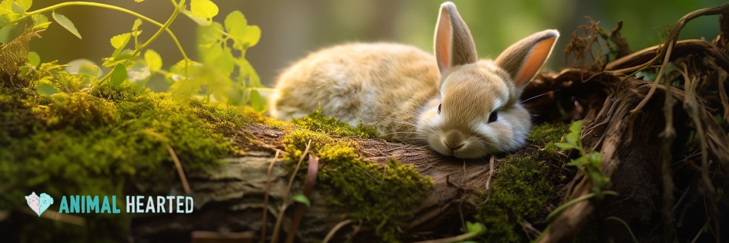 A small tan rabbit curled up asleep on a moss-covered log among green leaves and roots