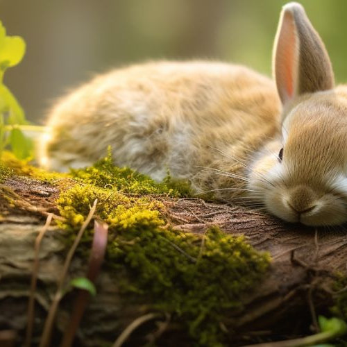 A small tan rabbit curled up asleep on a moss-covered log among green leaves and roots