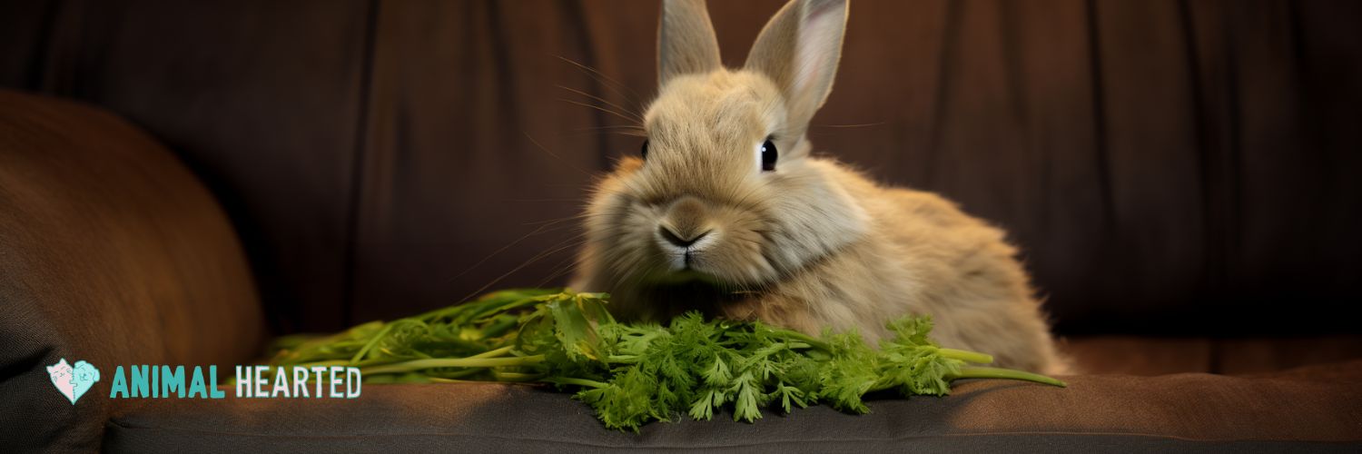 rabbit on a couch eating parsley