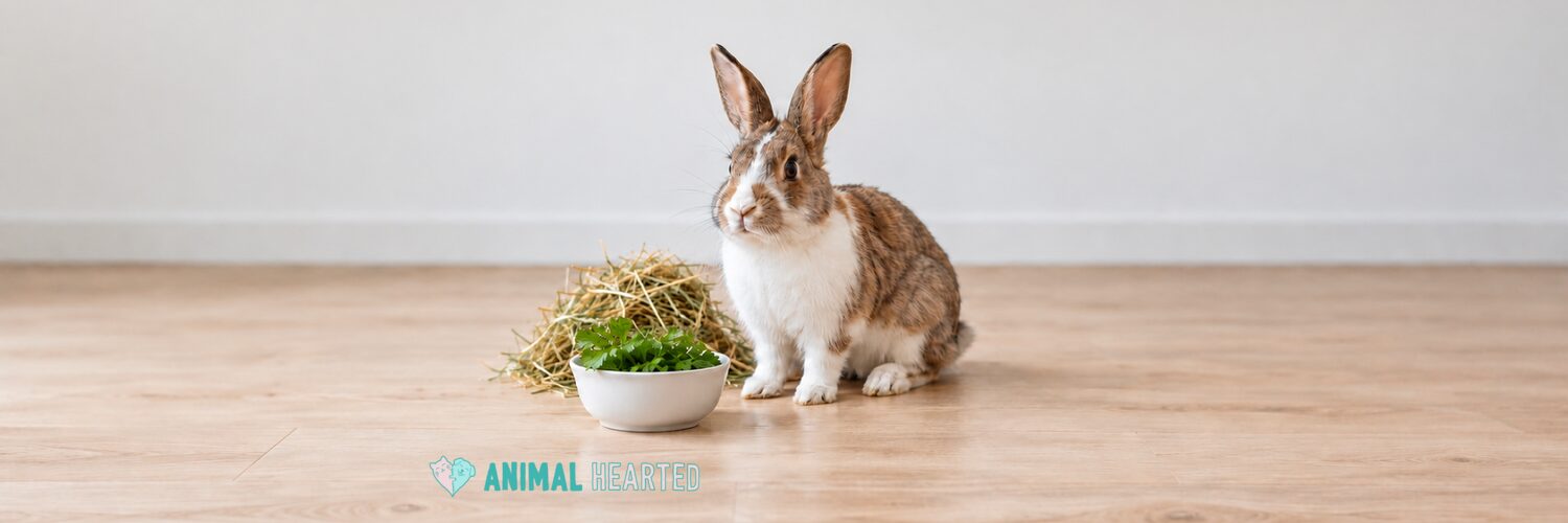 A brown and white rabbit sitting upright on a pale wooden floor beside a small white bowl of fresh parsley and a mound of hay