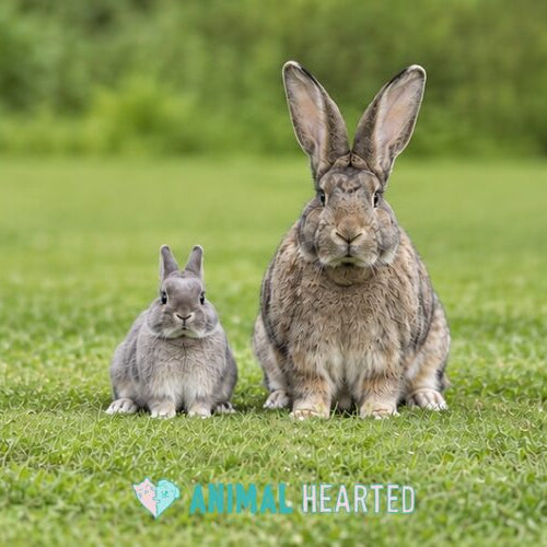 A small grey and white dwarf rabbit sitting on a lawn next to a much larger tan-grey rabbit with tall upright ears