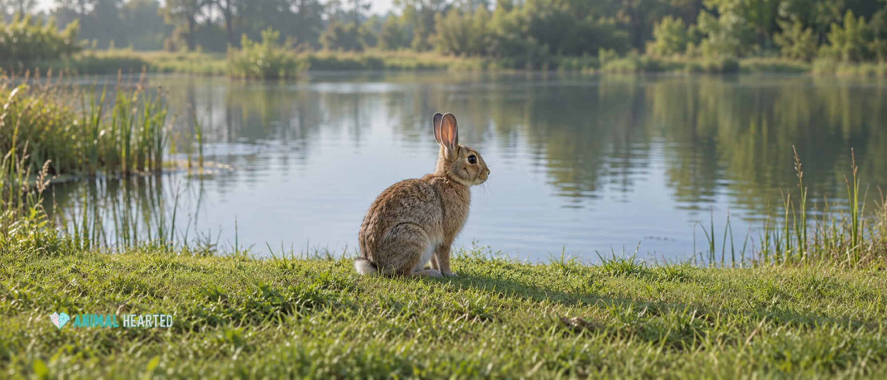 A brown rabbit sitting on a grassy bank facing a calm pond with reeds and trees across the water