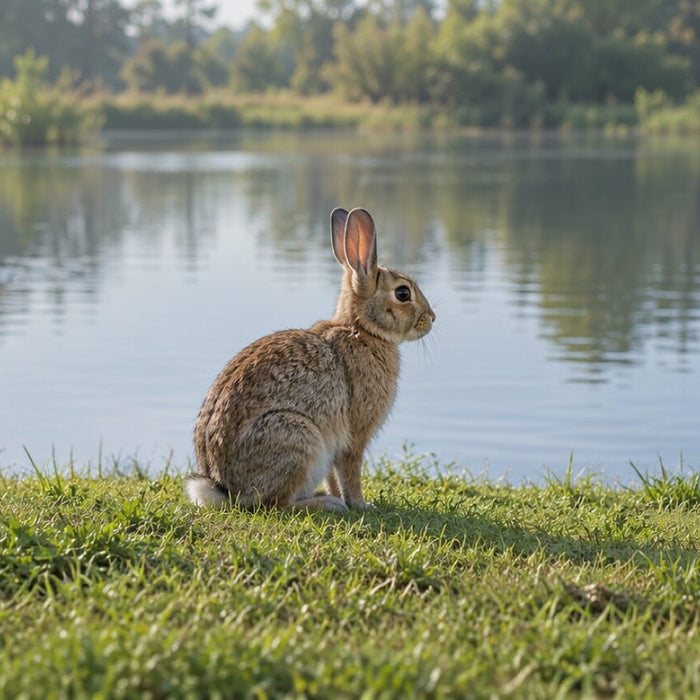 A brown rabbit sitting on a grassy bank facing a calm pond with reeds and trees across the water