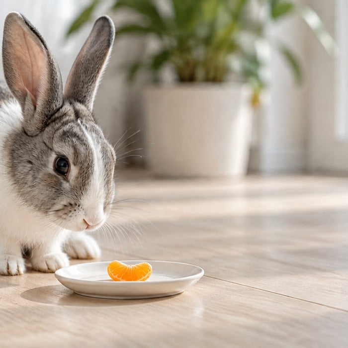 A gray and white rabbit sitting on a wooden floor beside a small saucer holding a small piece of peeled tangerine, with a pile of hay behind it