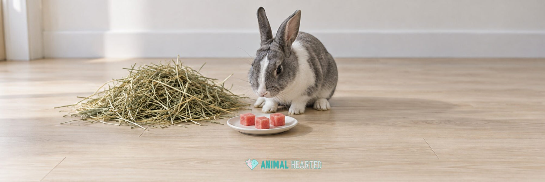 A gray and white rabbit sitting on a wood floor beside a pile of hay and a small white saucer holding three pink watermelon cubes