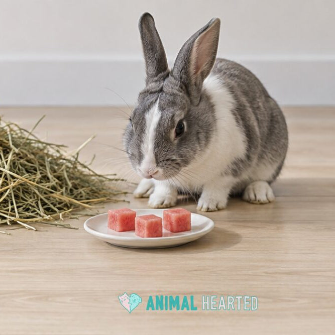 A gray and white rabbit sitting on a wood floor beside a pile of hay and a small white saucer holding three pink watermelon cubes