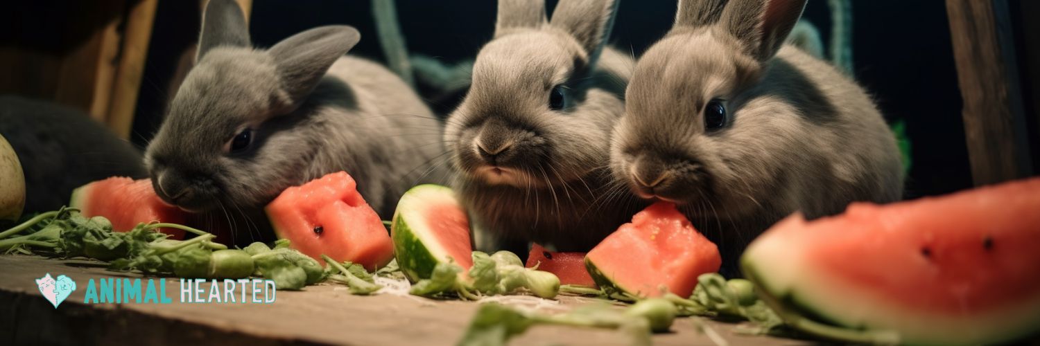 rabbits eating slices of watermelon