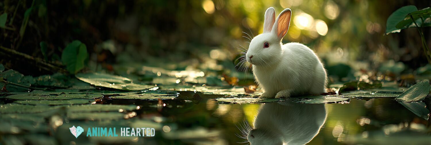 White rabbit at the edge of a pond with lily pads