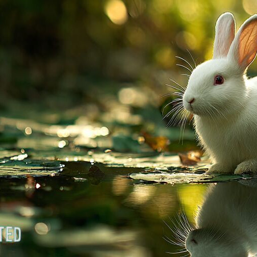 White rabbit at the edge of a pond with lily pads