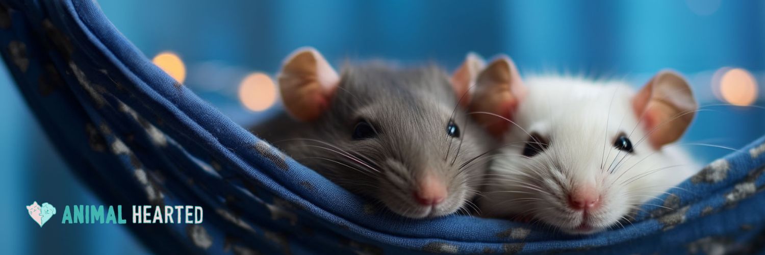 A gray rat and a white rat resting together in a blue fabric hammock