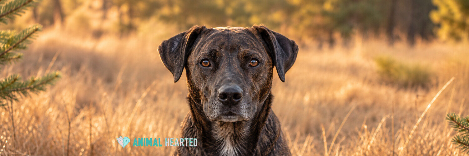 A dark brindle dog with brown eyes sitting in dry golden grass and looking at the camera, with small evergreen branches at the edges of the frame