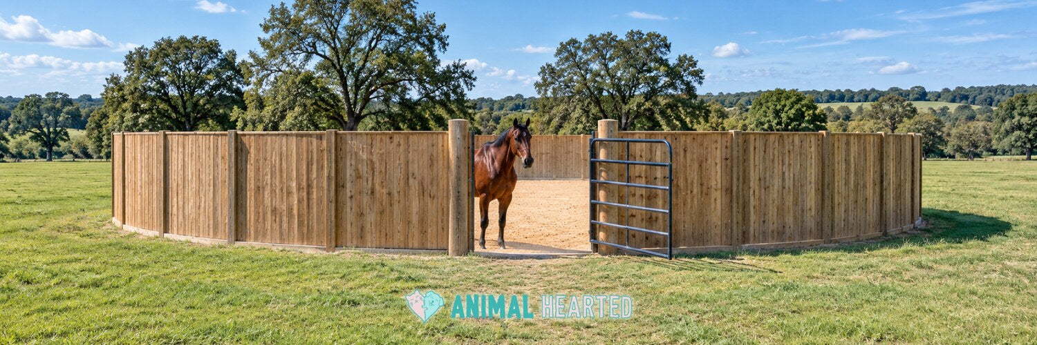 A horse pen with a tall solid wooden wall, an open steel gate, and a bay horse standing on sand footing