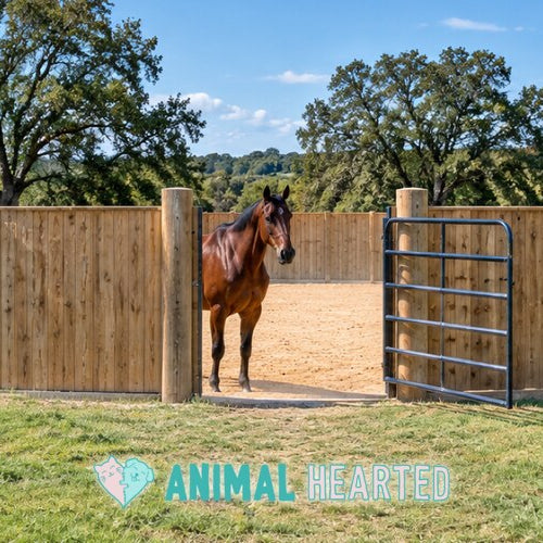 A horse pen with a tall solid wooden wall, an open steel gate, and a bay horse standing on sand footing