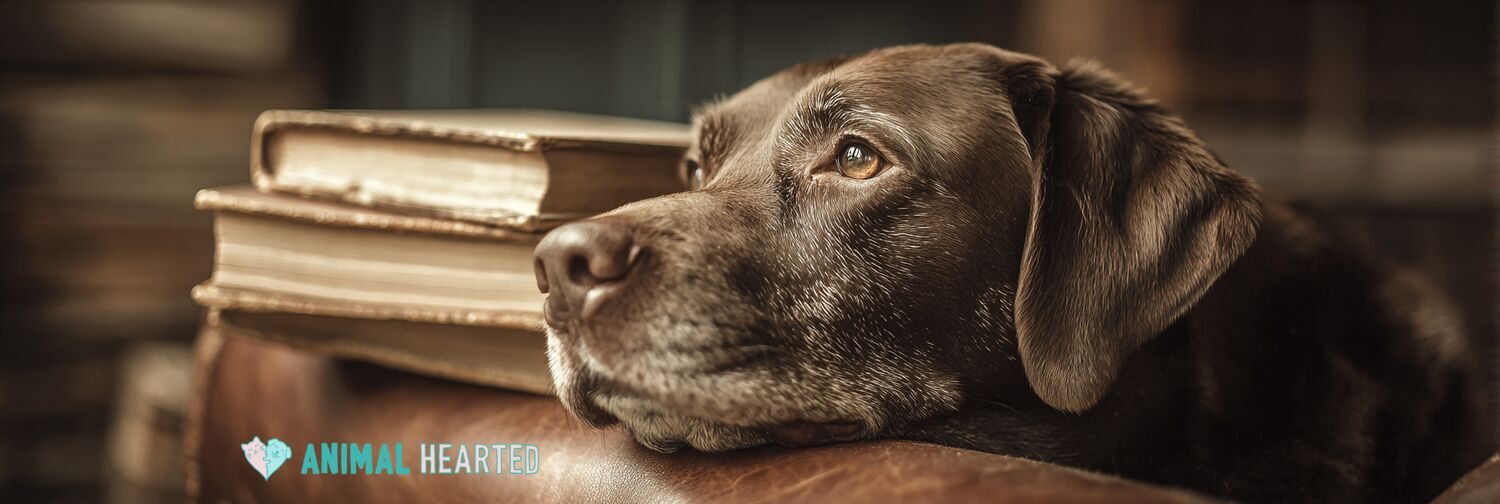 Old dog resting chin on worn hardcover books