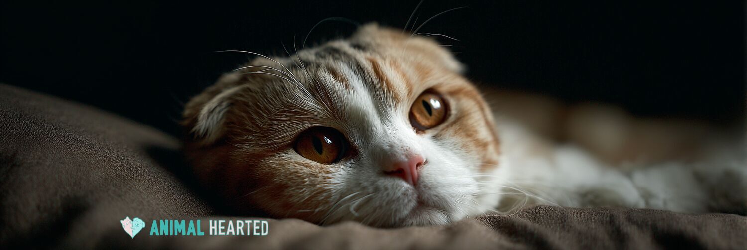 Scottish Fold cat resting with folded ears highlighted in soft light