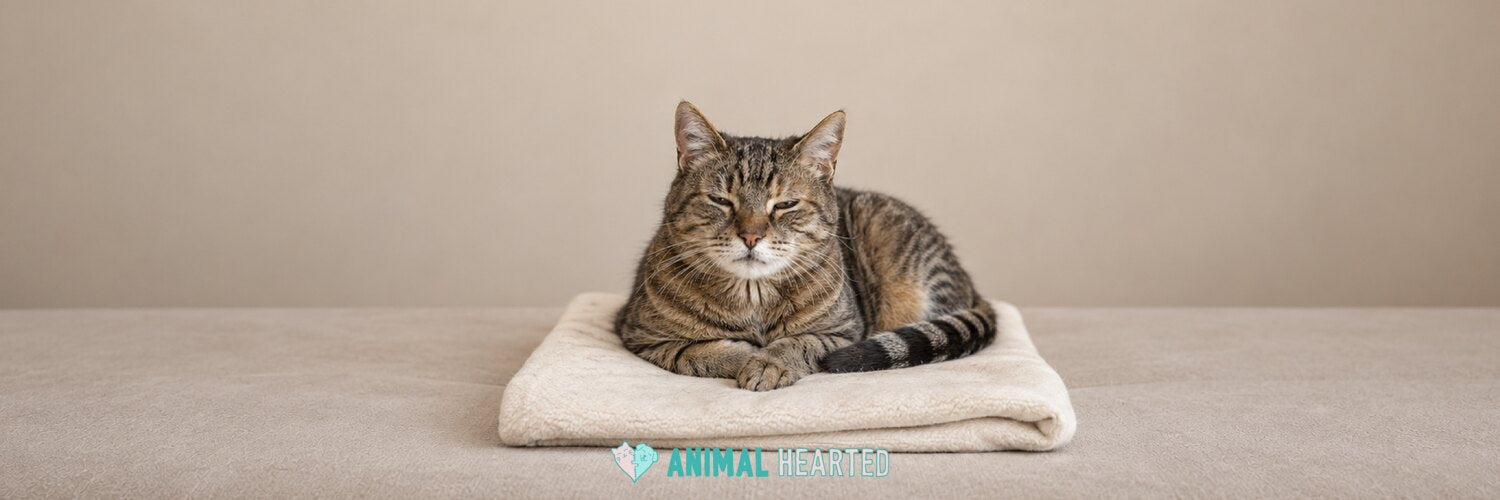 A tabby cat with a grey muzzle lying on a folded cream blanket on a sofa with its eyes half closed