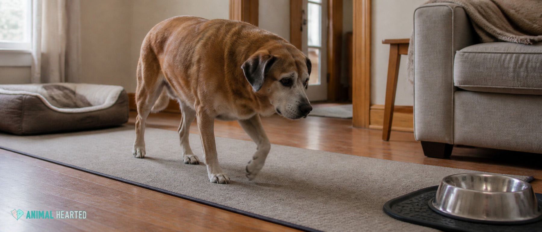 Gray-muzzled senior dog walking on a secure runner between a low bed and water bowl at home
