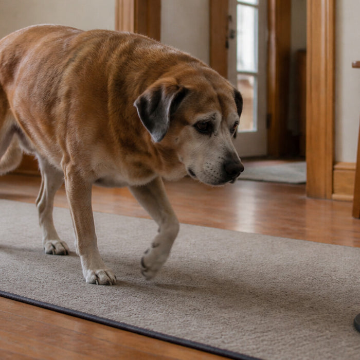 Gray-muzzled senior dog walking on a secure runner between a low bed and water bowl at home