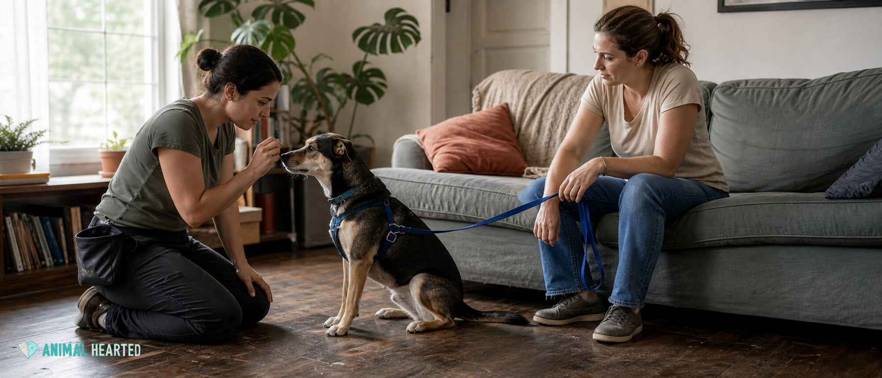 Pet parent and professional trainer working with a calm dog on a loose leash in a living room