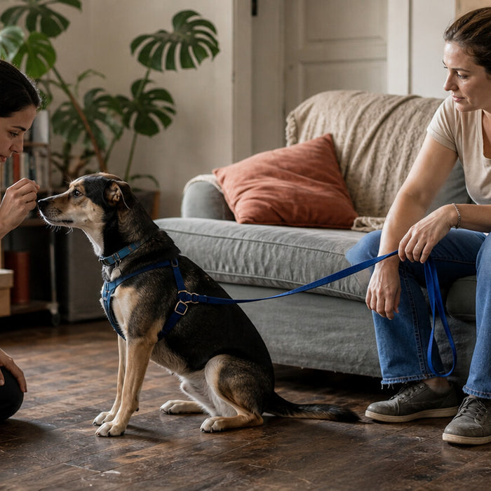 Pet parent and professional trainer working with a calm dog on a loose leash in a living room