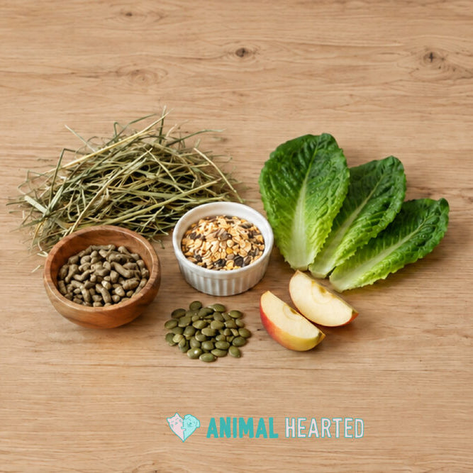 Hay, a bowl of pellets, a bowl of seed mix, pumpkin seeds, romaine leaves, and apple slices on a wooden table