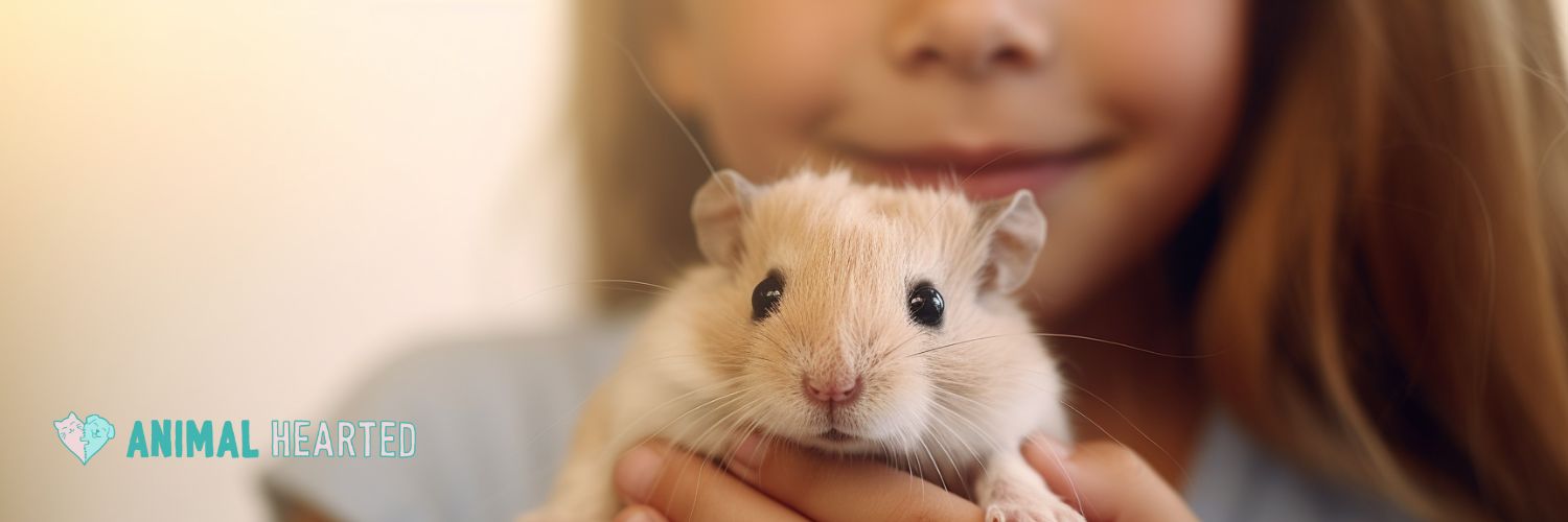 smiling girl holding a pet hamster