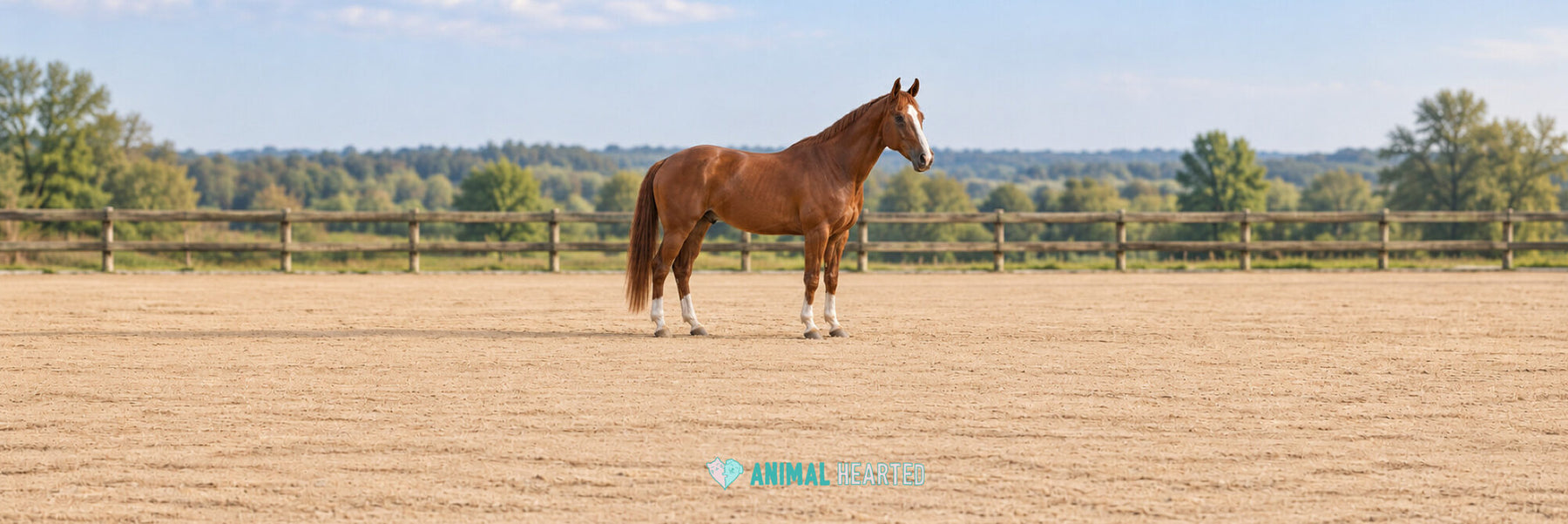 A healthy chestnut horse with a white blaze standing calmly alone in a sand arena with a wooden fence behind it