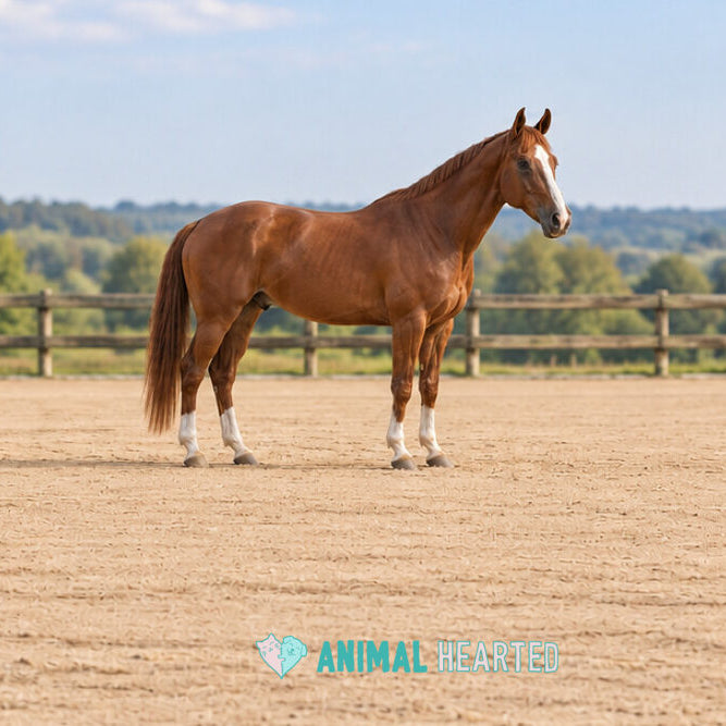A healthy chestnut horse with a white blaze standing calmly alone in a sand arena with a wooden fence behind it