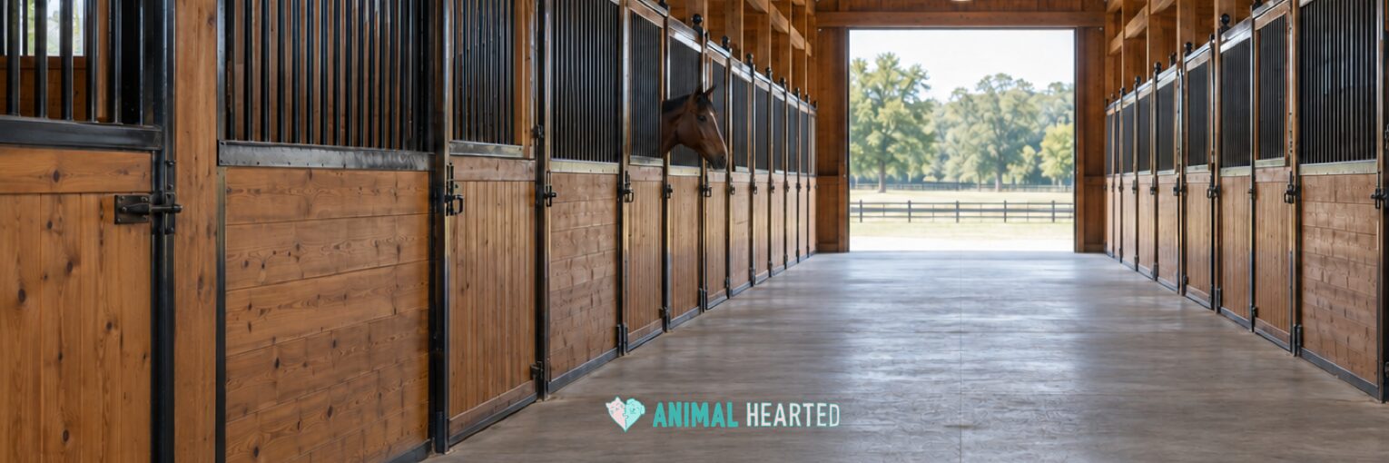 A bay horse looking out over the closed door of a box stall in a long barn aisle, with a row of closed stall fronts on each side and a clear concrete aisle floor