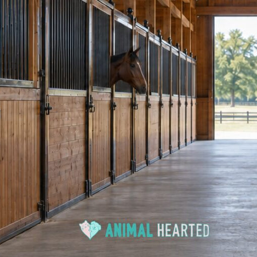 A bay horse looking out over the closed door of a box stall in a long barn aisle, with a row of closed stall fronts on each side and a clear concrete aisle floor