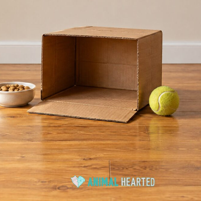 An open cardboard box lying on its side on a wood floor, with a small white bowl of dog treats on one side and a tennis ball on the other