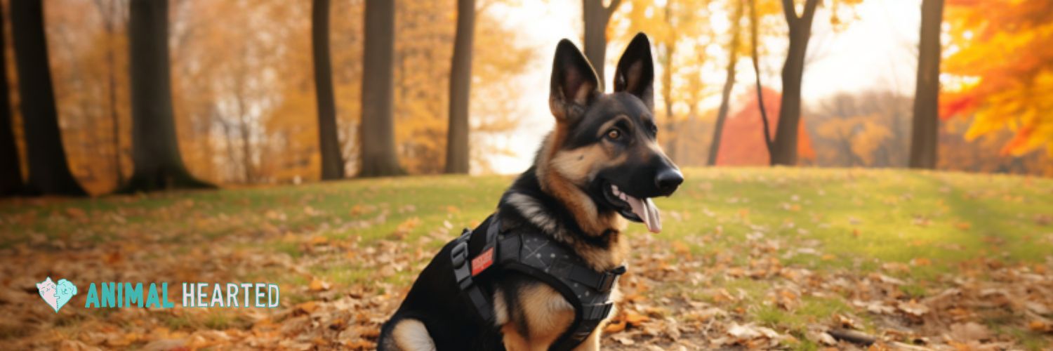 A German Shepherd sitting on autumn leaves in a black vest harness with a red patch