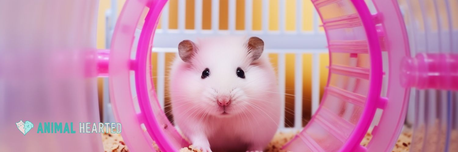white hamster in a pink cage