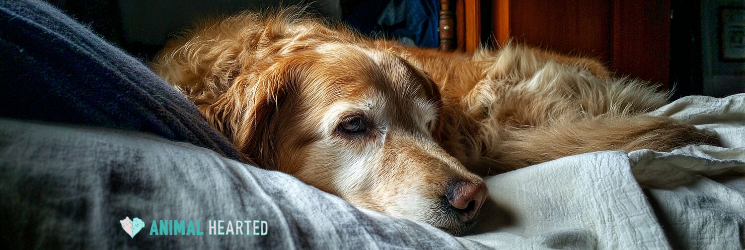 golden retriever curled up at the foot of an unmade bed