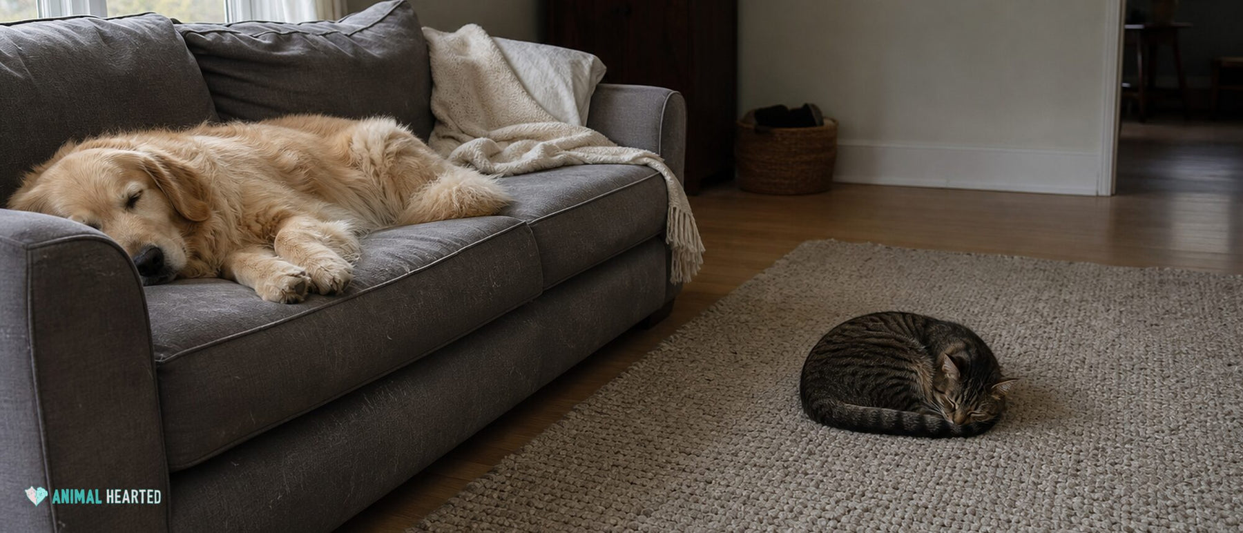 Dog and cat resting in a tidy sunlit living room with a fabric sofa and area rug