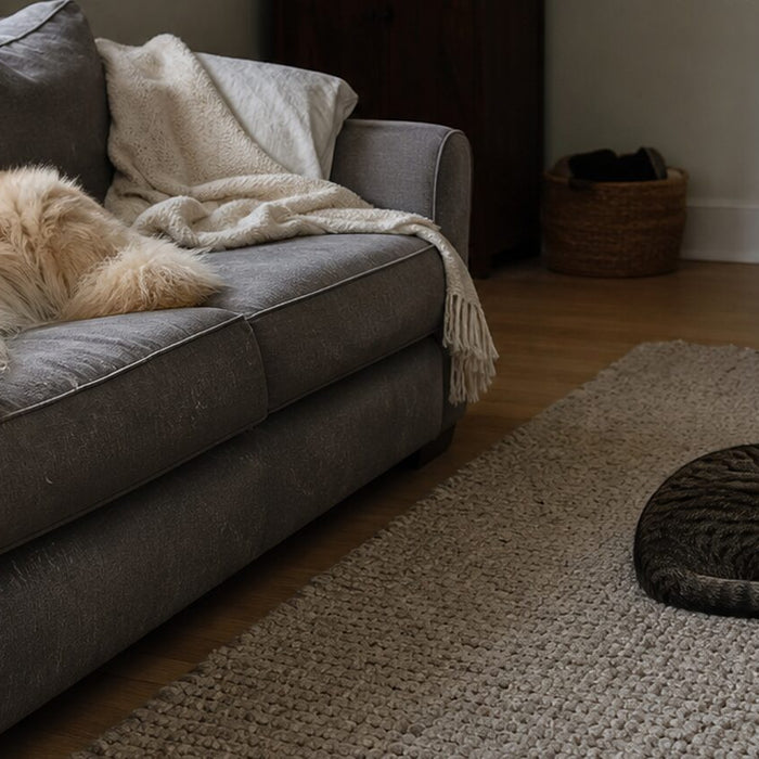Dog and cat resting in a tidy sunlit living room with a fabric sofa and area rug