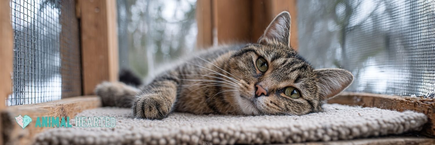Tabby cat staying warm on heated pad in winter cat run enclosure