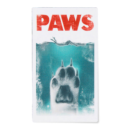 This 'Paws' (Jaws Parody) magnet is perfect for the fridge, car, or anywhere else!